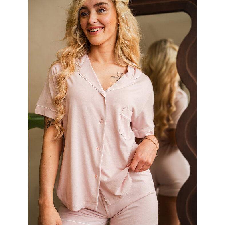 By Louise By Louise Dames Korte Pyjama Set Modal Shortama Met Knoopsluiting Roze
