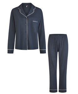 By Louise Dames Pyjama Set Lang Modal Met Knoopsluiting Donkerblauw