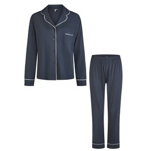 By Louise Dames Pyjama Set Lang Modal Met Knoopsluiting Donkerblauw
