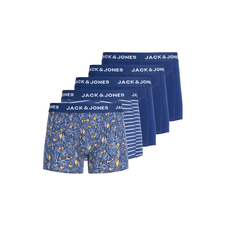 Jack & Jones Jack & Jones Heren Boxershorts Trunks JACKEVIN 5-Pack Gestreept/Bladeren Print  Donkerblauw