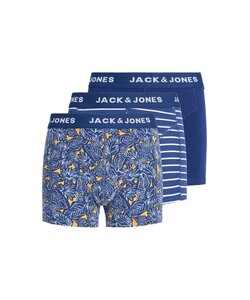 Jack & Jones Junior Jongens Boxershorts Trunks JACKEVIN 3-Pack Gestreept/Bladeren Print Donkerblauw