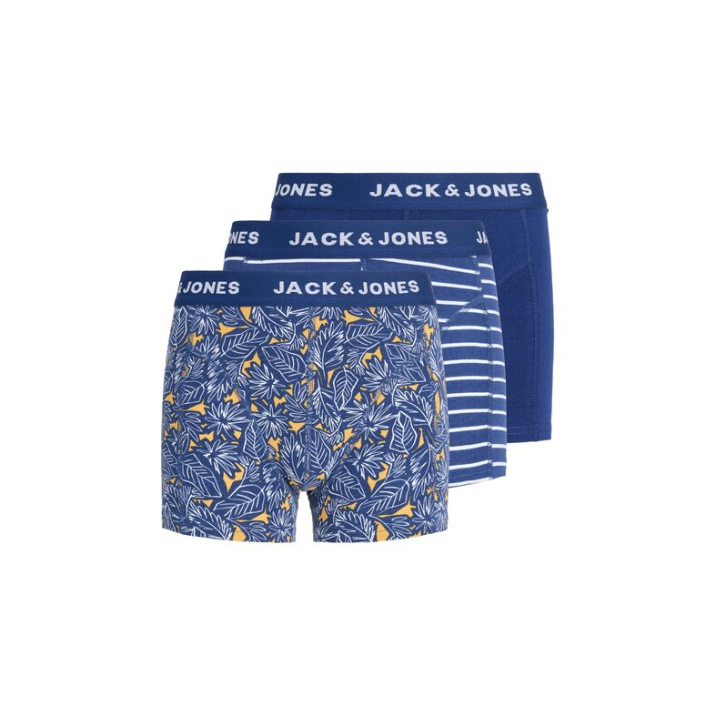 Jack & Jones Junior Jack & Jones Junior Jongens Boxershorts Trunks JACKEVIN 3-Pack Gestreept/Bladeren Print Donkerblauw