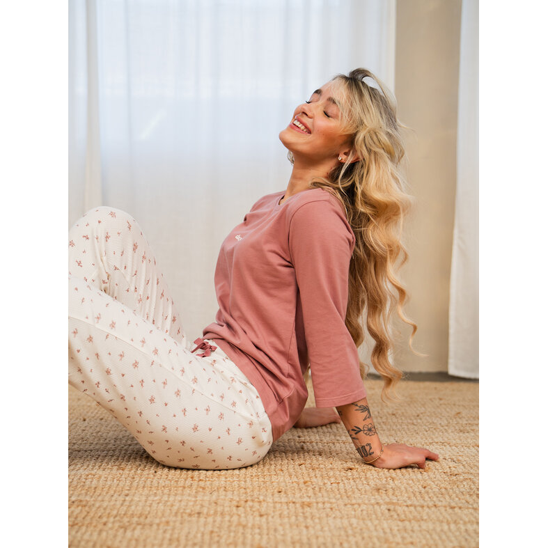 By Louise By Louise Dames Pyjama Set Lang Driekwart Mouw  Oudroze/Wit Gebloemd
