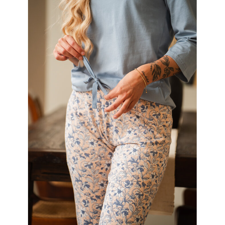 By Louise By Louise Ladies Capri Pyjama Set Three Quarter Pants Blue/Soft Orange Floral
