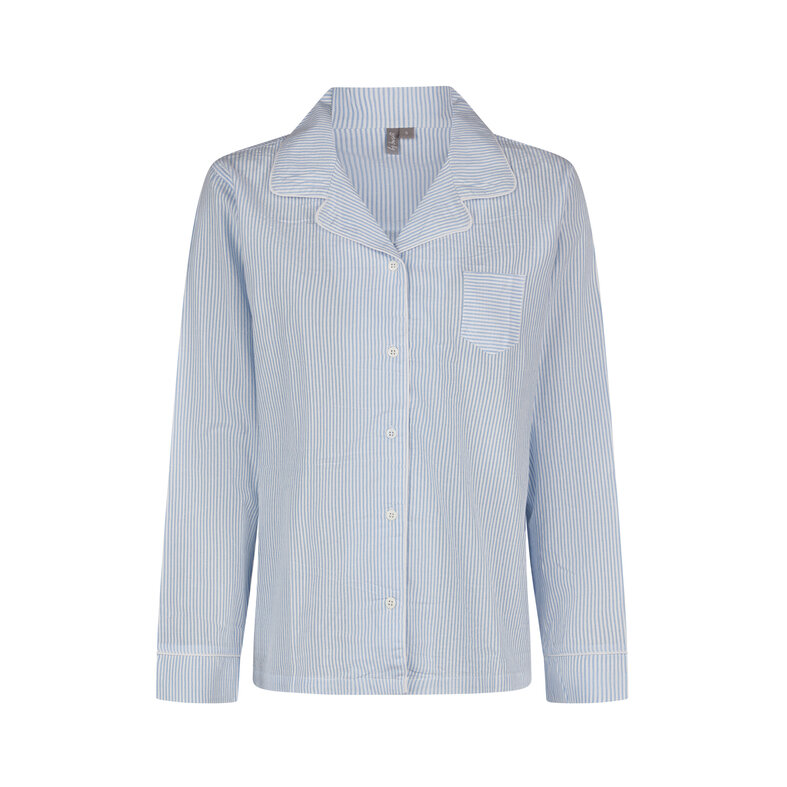 By Louise By Louise Dames Pyjama Set Shortama Blouse Lange Mouw Lichtblauw Gestreept Seersucker