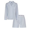 By Louise By Louise Dames Pyjama Set Shortama Blouse Lange Mouw Lichtblauw Gestreept Seersucker