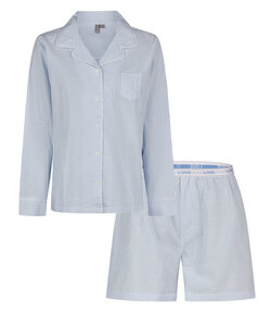 By Louise Ladies Pajama Set Short Pants Long-Sleeve Blouse Light Blue Striped Seersucker