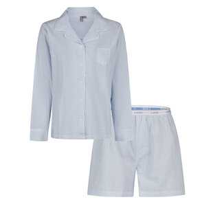 By Louise Ladies Pajama Set Short Pants Long-Sleeve Blouse Light Blue Striped Seersucker