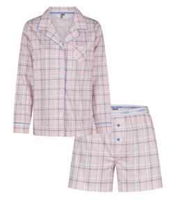 By Louise Ladies Pajama Set Short Pants Long-Sleeve Blouse Pink Checkered