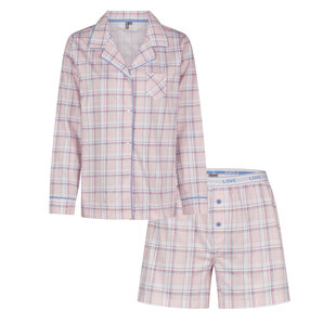 By Louise Ladies Pajama Set Short Pants Long-Sleeve Blouse Pink Checkered