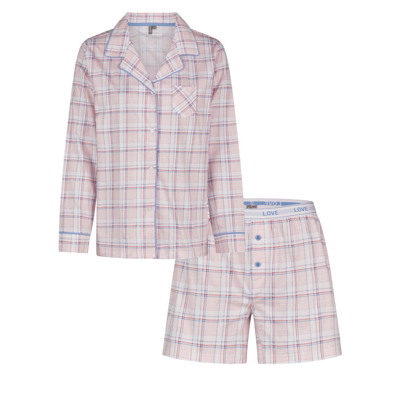 By Louise By Louise Dames Pyjama Set Shortama Blouse Lange Mouw Roze Geruit