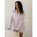 By Louise By Louise Dames Pyjama Set Shortama Blouse Lange Mouw Roze Geruit