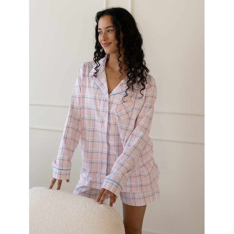 By Louise By Louise Dames Pyjama Set Shortama Blouse Lange Mouw Roze Geruit