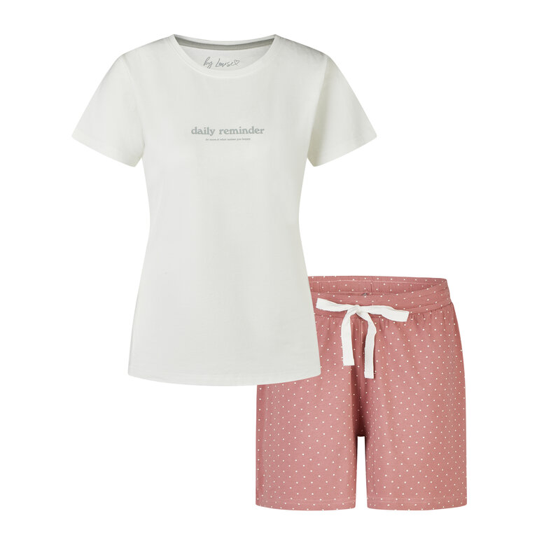 By Louise By Louise Dames Korte Pyjama Set Shortama Wit/Oudroze Gestipt