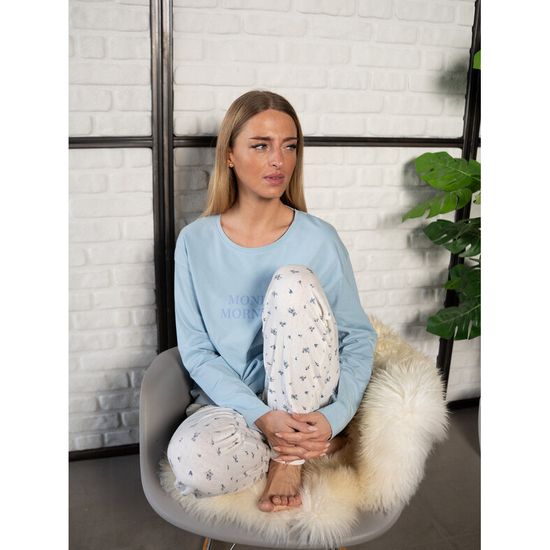By Louise By Louise Ladies Pyjama Set Long Blue/White Floral