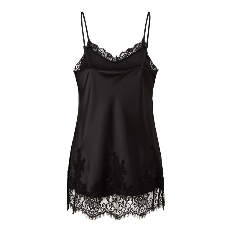 PIECES PIECES Dames Singlet Satijn PCJESSA Extra Lang Met Kant Effen Zwart