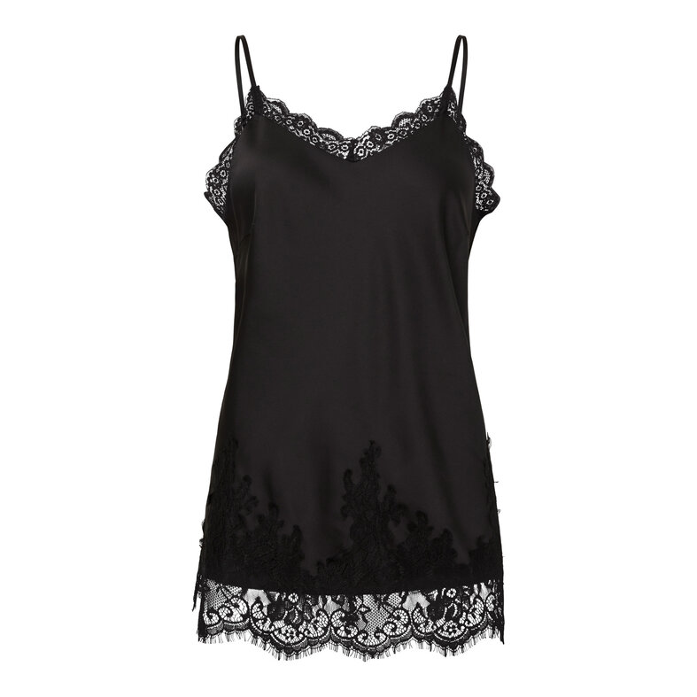 PIECES PIECES Dames Singlet Satijn PCJESSA Extra Lang Met Kant Effen Zwart