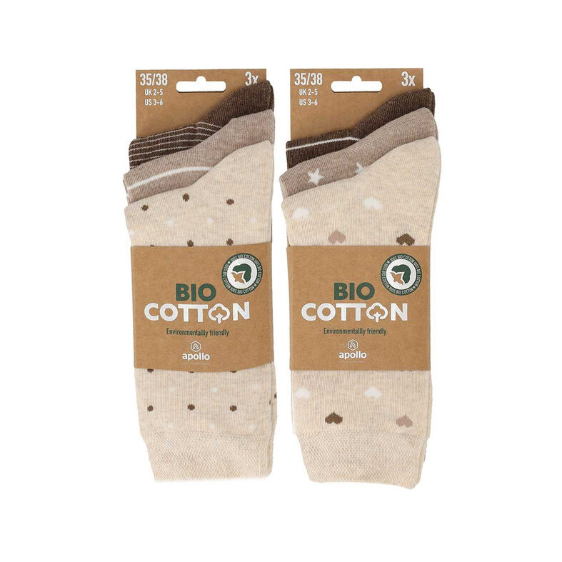 Apollo Apollo Women's Socks Hearts Stripes Stars Print Organic Cotton 6-Pack Beige/Brown
