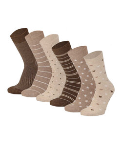 Apollo Women's Socks Hearts Stripes Stars Print Organic Cotton 6-Pack Beige/Brown
