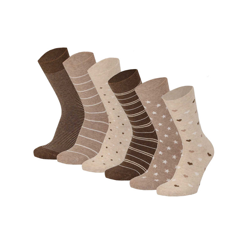 Apollo Apollo Women's Socks Hearts Stripes Stars Print Organic Cotton 6-Pack Beige/Brown