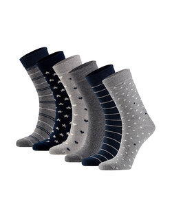 Apollo Dames Sokken Hartjes Gestreept Sterren Print Bio Katoen 6-Pack Grijs/Navy Blauw