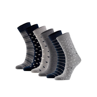 Apollo Dames Sokken Hartjes Gestreept Sterren Print Bio Katoen 6-Pack Grijs/Navy Blauw