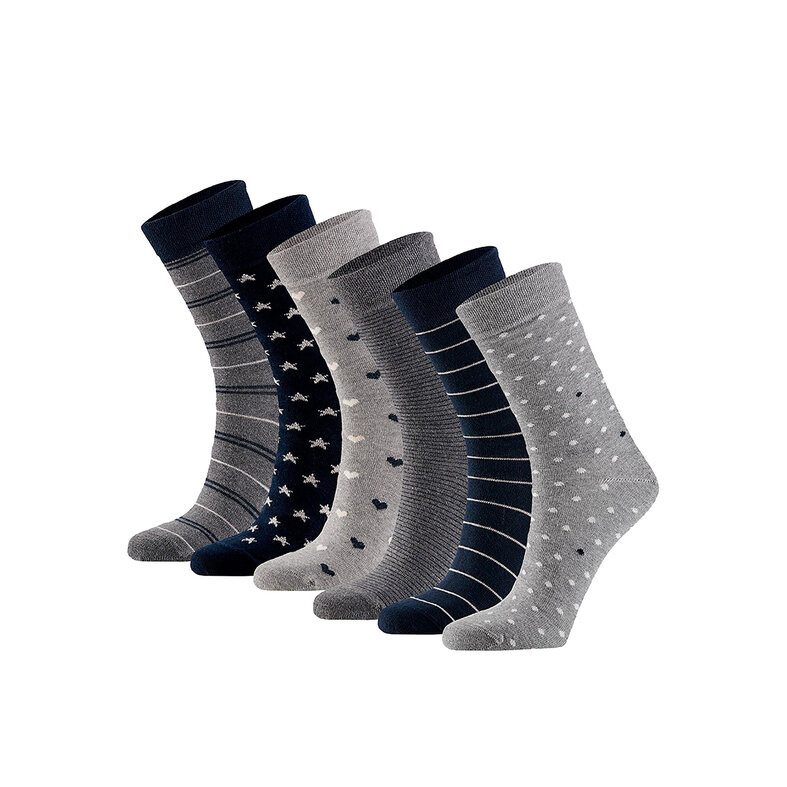 Apollo Apollo Women's Socks Hearts Stripes Stars Print Organic Cotton 6-Pack Gray/Navy Blue