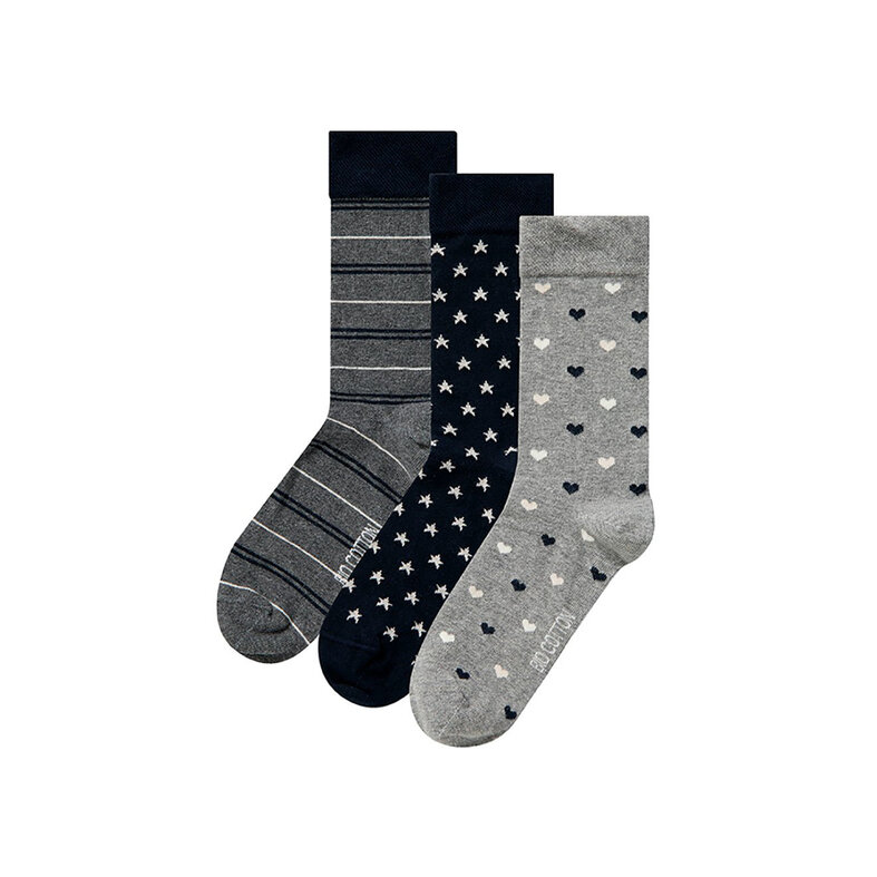 Apollo Apollo Women's Socks Hearts Stripes Stars Print Organic Cotton 6-Pack Gray/Navy Blue