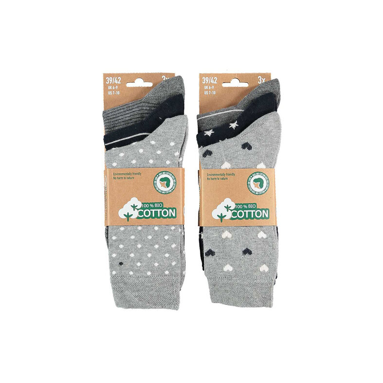 Apollo Apollo Women's Socks Hearts Stripes Stars Print Organic Cotton 6-Pack Gray/Navy Blue