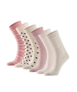 Apollo Women's Socks Hearts Stripes Stars Print Organic Cotton 6-Pack Beige/Pink