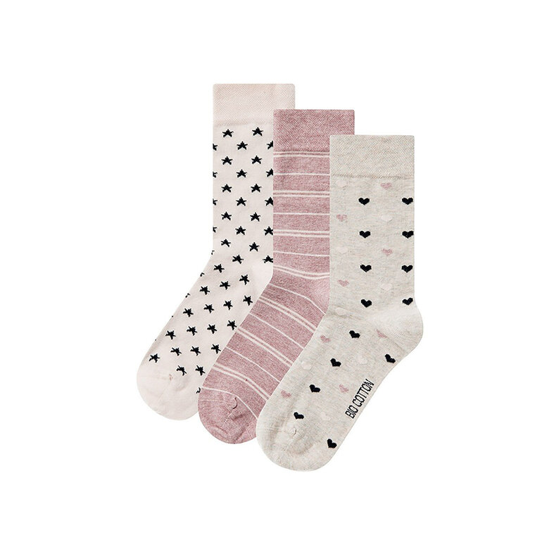 Apollo Apollo Women's Socks Hearts Stripes Stars Print Organic Cotton 6-Pack Beige/Pink
