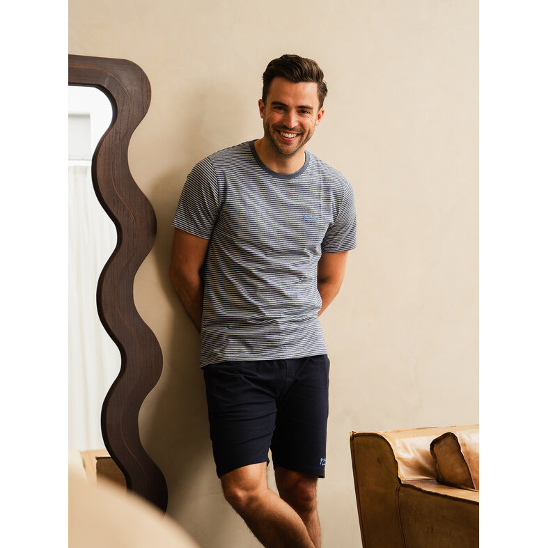 Phil & Co Phil & Co Heren Shortama Korte Pyjama Set Grijs/Donkerblauw Gestreept
