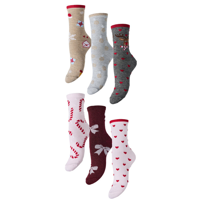PIECES Pieces Dames Kerst Sokken PCJINGLE Glitter 6-Pack Roze/Grijs