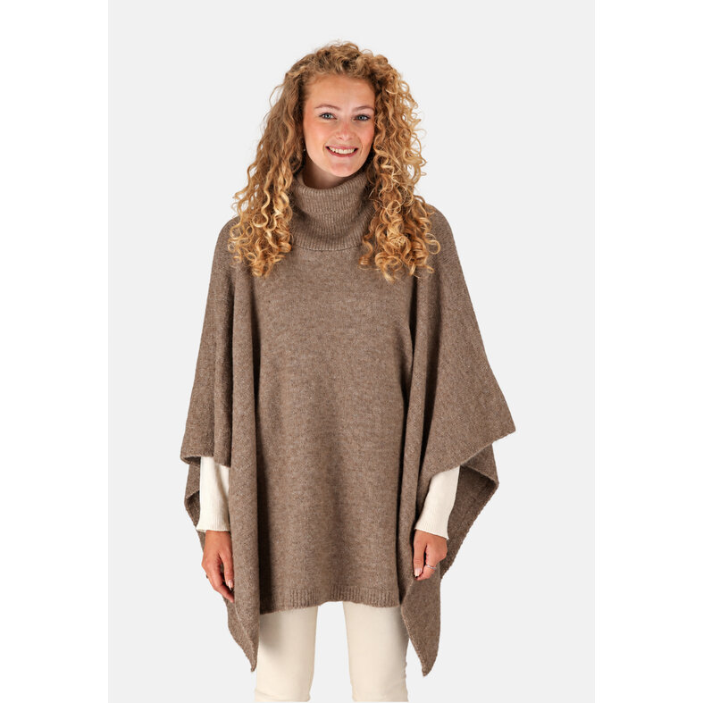 Sarlini Sarlini Ladies Knitted Poncho With Roller Collar Taupe Melange