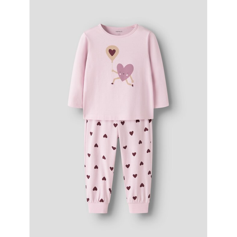 Name It Name It Meisjes Lange Pyjama Set NMFNIGHTSET CUTIE HEART Roze Hartjes Print