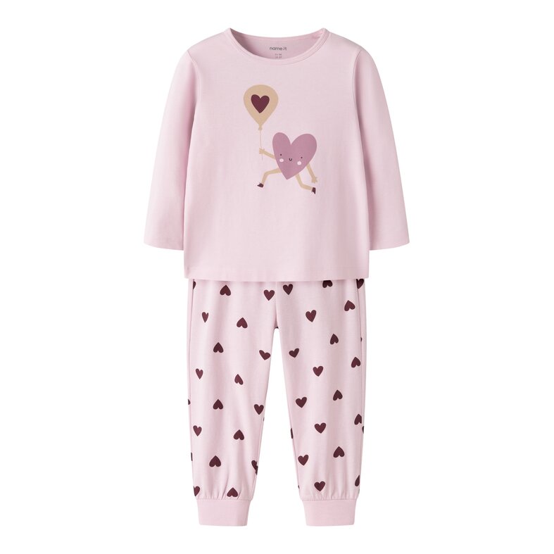 Name It Name It Meisjes Lange Pyjama Set NMFNIGHTSET CUTIE HEART Roze Hartjes Print