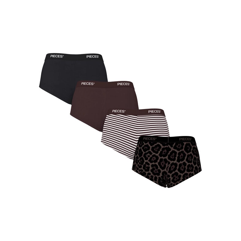 PIECES Pieces Dames Hipster PCLOGO 4-Pack Effen Paars-Bruin/Gestreept/Panter Print Zwart