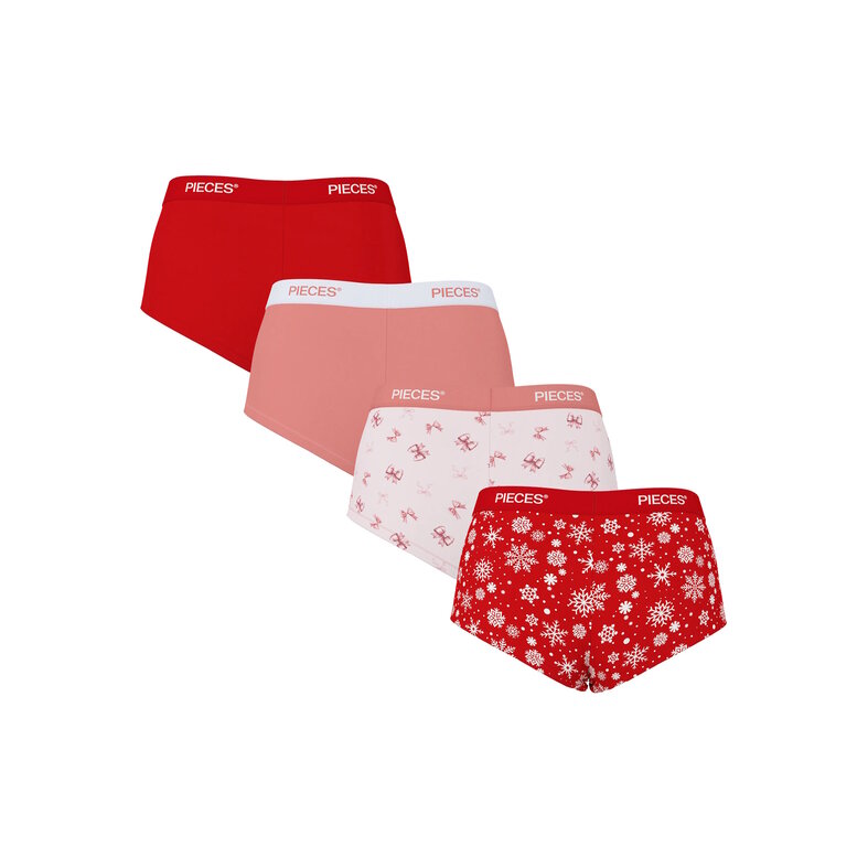 PIECES Pieces Dames Hipster PCLOGO 4-Pack Effen Rood/Roze/Strikjes Print/Sneeuwvlokken Print