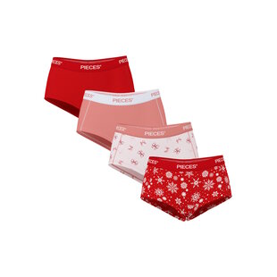 Pieces Dames Hipster PCLOGO 4-Pack Effen Rood/Roze/Strikjes Print/Sneeuwvlokken Print