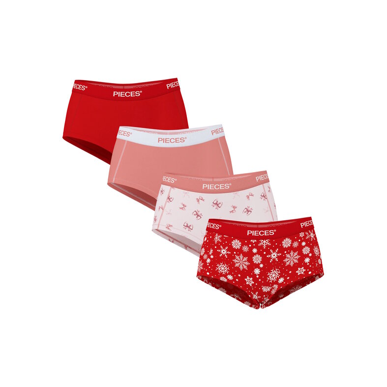 PIECES Pieces Dames Hipster PCLOGO 4-Pack Effen Rood/Roze/Strikjes Print/Sneeuwvlokken Print