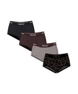 Pieces Dames Hipster PCLOGO 4-Pack Effen Paars-Bruin/Gestreept/Panter Print Zwart