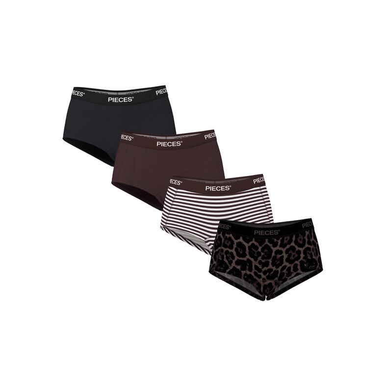 PIECES Pieces Dames Hipster PCLOGO 4-Pack Effen Paars-Bruin/Gestreept/Panter Print Zwart