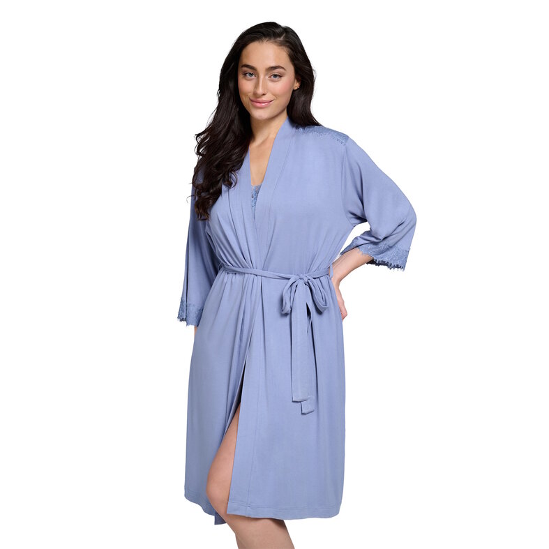 Ten Cate Ten Cate Dames Kimono Ochtendjas Met Kant Viscose Effen Lichtblauw