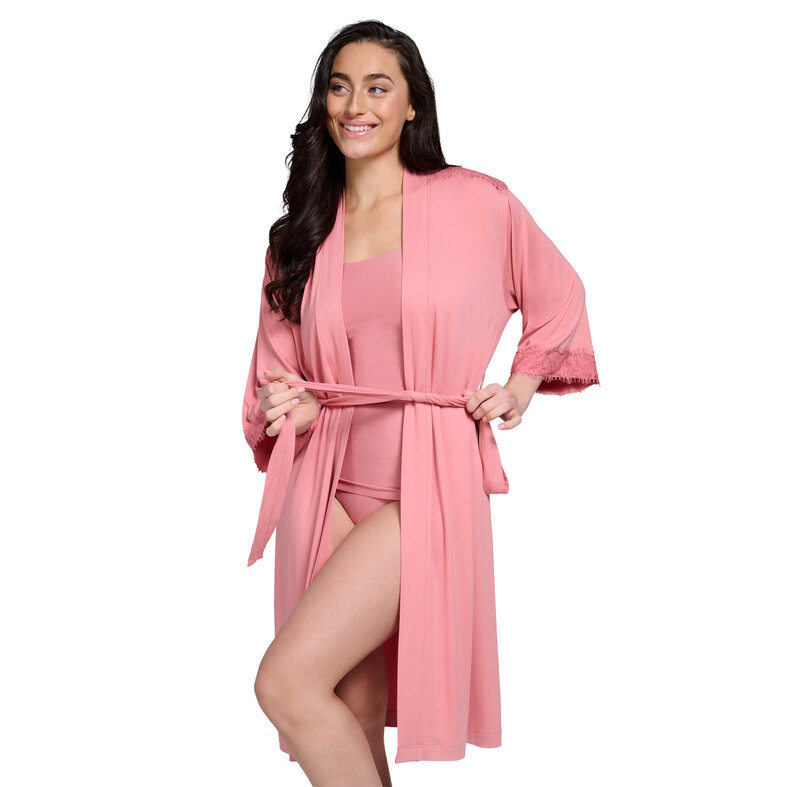 Ten Cate Ten Cate Dames Kimono Ochtendjas Met Kant Viscose Effen Roze