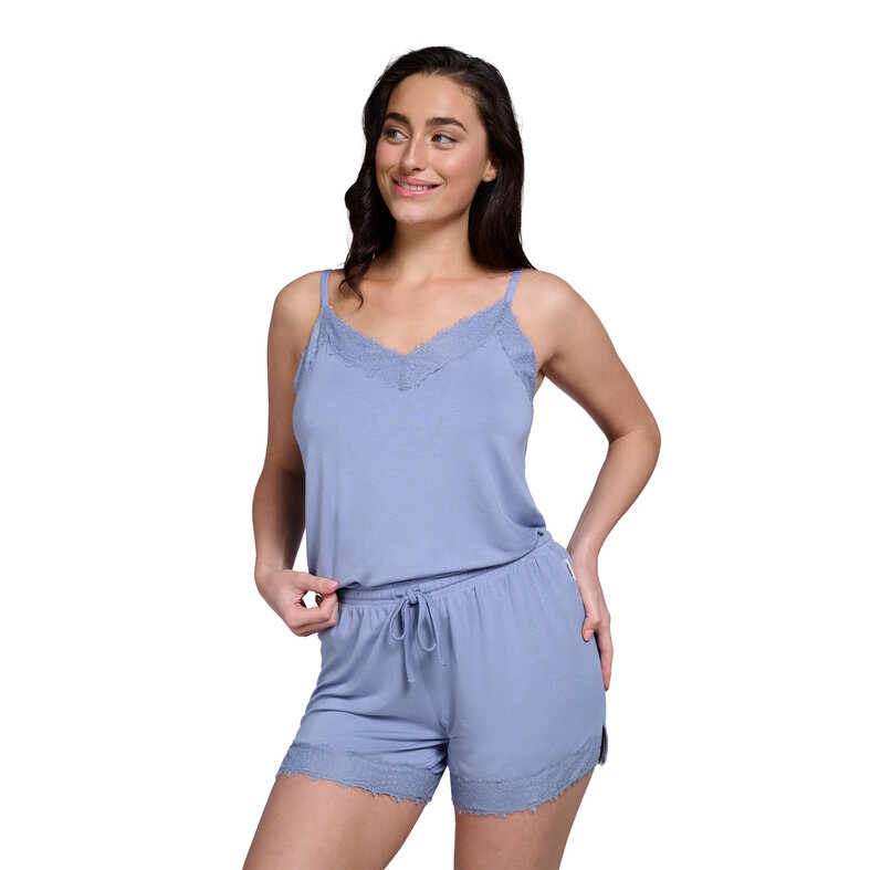 Ten Cate Ten Cate Dames Korte Pyjama Set Shortama Met Kant V-Hals Viscose Lichtblauw
