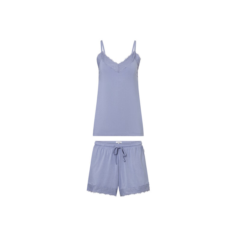 Ten Cate Ten Cate Dames Korte Pyjama Set Shortama Met Kant V-Hals Viscose Lichtblauw