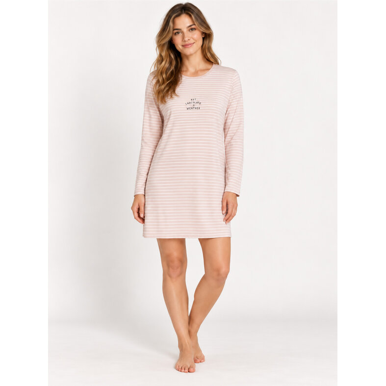 By Louise By Louise Dames Nachthemd Lange Mouw Katoen Roze/Wit Gestreept