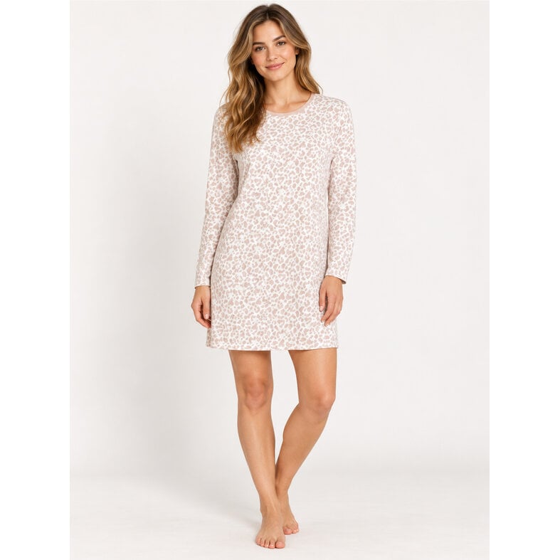 By Louise By Louise Dames Nachthemd Lange Mouw Katoen Wit/Roze Dierenprint