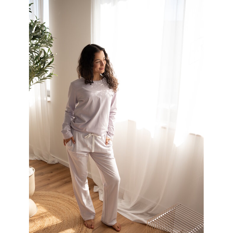By Louise By Louise Ladies Pajama Set Long-Sleeve Cotton Striped Lilac