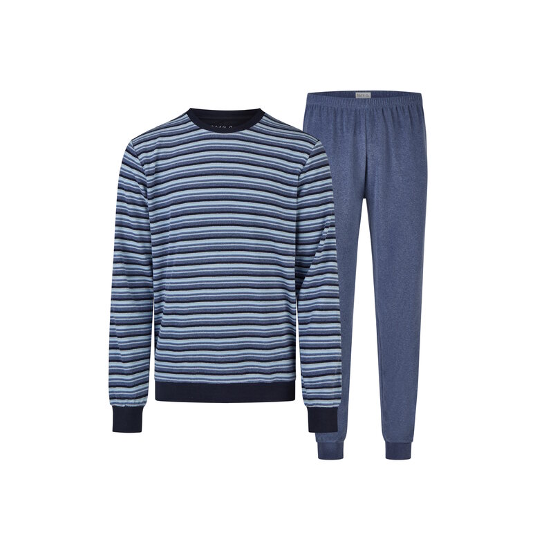 Phil & Co Phil & Co Heren Winter Pyjama Set Lang Badstof Donkerblauw/Lichtblauw Gestreept